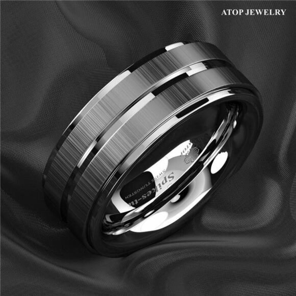Men's Wedding Band Rings - Vertical Brushed Meteorite Design - Wedding Rings - Picture 2 of 7